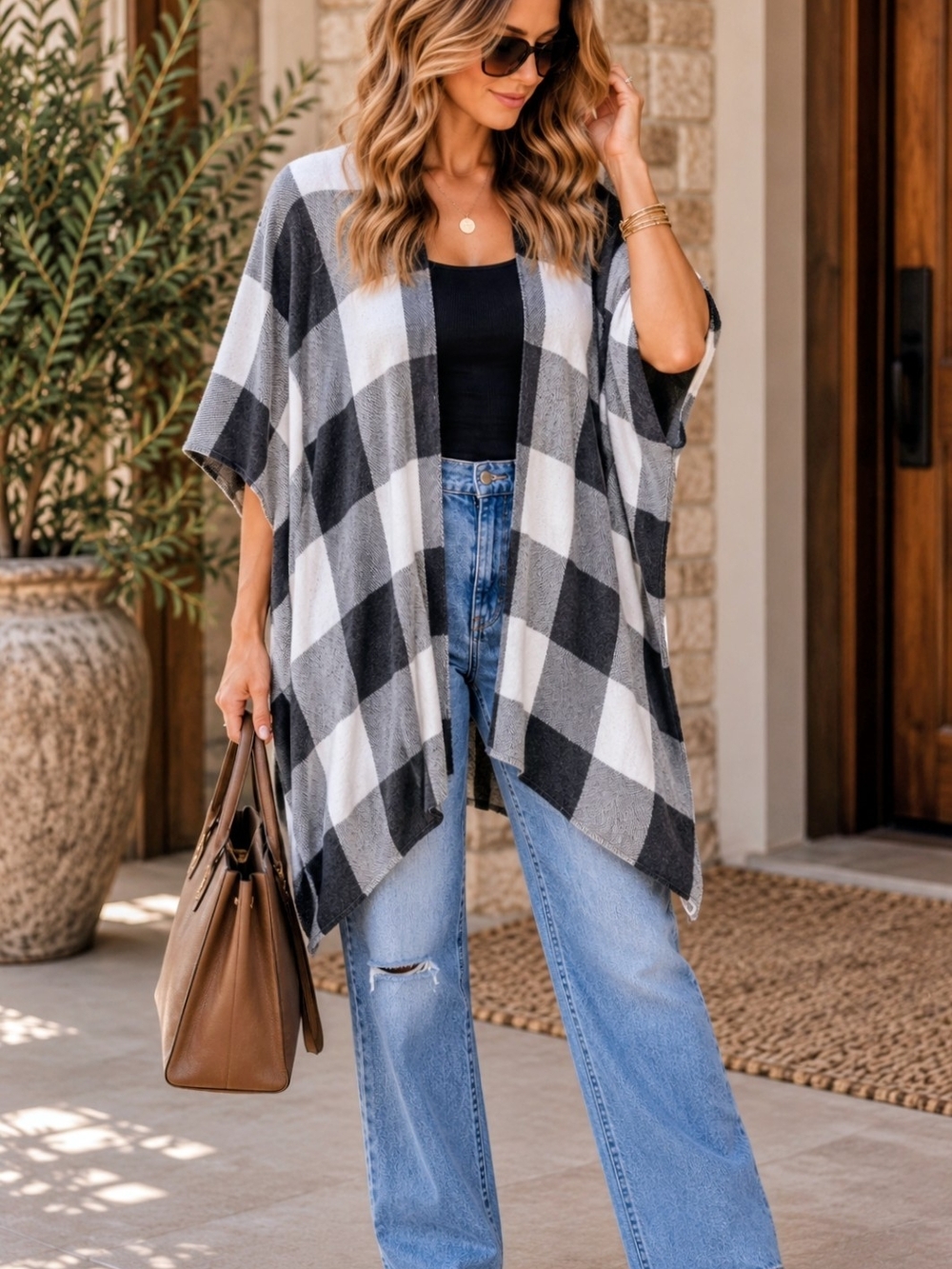 Universal Thread Buffalo Plaid Poncho Wrap Black Gray White OSFM Shawl Fall
